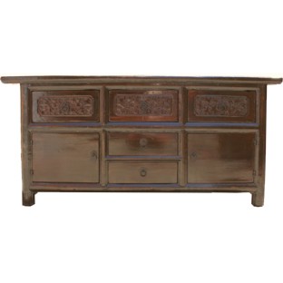 Original Chinese Carved Elm Wood Low Sideboard Buffet