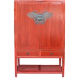 Chinese Red Antique Wedding Cabinet with Butterfly Hardware