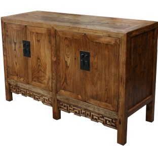 Antique Natural Elm Chinese Sideboard w/ Carvings