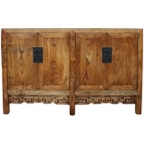 Antique Natural Elm Chinese Sideboard w/ Carvings