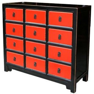 Black and Red Chinese Chest of Drawers