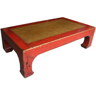 Red Rattan Inlay Rectangular Coffee Table