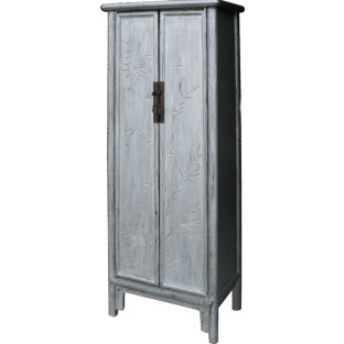 Silver Leaf Wood Slim Cabinet w/Carved Bamboo
