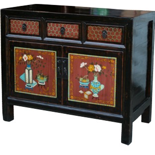 Mongolian Flora Painted Sideboard Black Frame