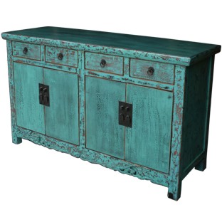 Chinese Teal Sideboard Buffet w/Carvings