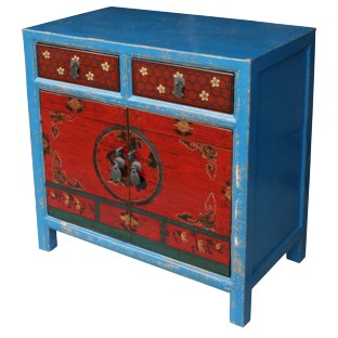 Antique Teal Red Chinese Painted Cabinet