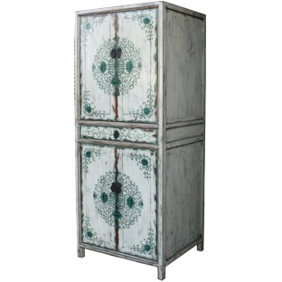 Chinese Tibetan Cabinet with Flora Painting Light Dove