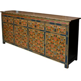 Long Tibetan Sideboard Credenza Painted Flora Motif