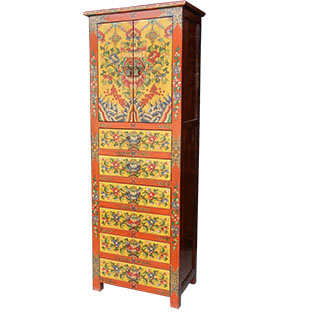 Chinese Tibet Slim and Tall Cabinet Flora Painting 