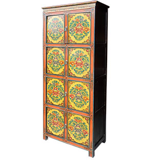 Tibetan Tall Orange and Yellow Cabinet w/ Flora Painting