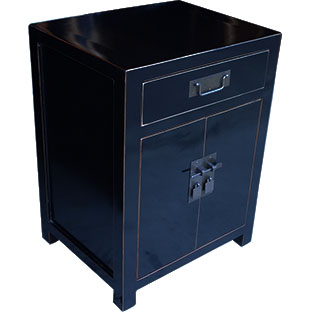 Black Lacquered Chinese Bedside Table One Draw Two Doors