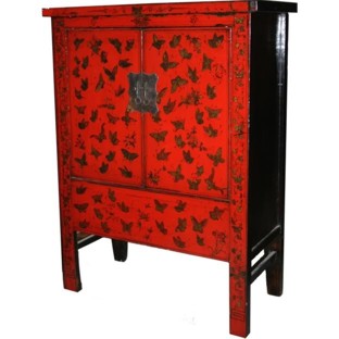 Gold Painted Red Butterflies Medium Cabinet