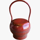 Antique Red Round Wood Storage Box with Handle