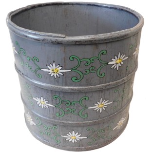 Grey Chinese Wood Bucket with Flora Painting