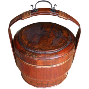 Antique Wood Carrying Basket /Lunch Box w Painting