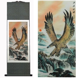 Chinese Eagle Painting Silk Scroll Large