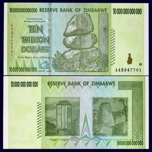 Zimbabwe 10 Trillion Dollars 2008 Banknote