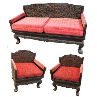 Set of 3 Vintage Carved Wood Lounge