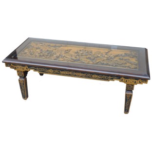 Oriental Style Rectangular Coffee Table Glass Top