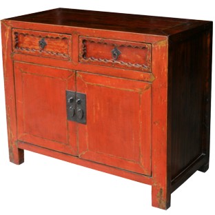 Antique Chinese Red Side Cabinet Carved Drawer